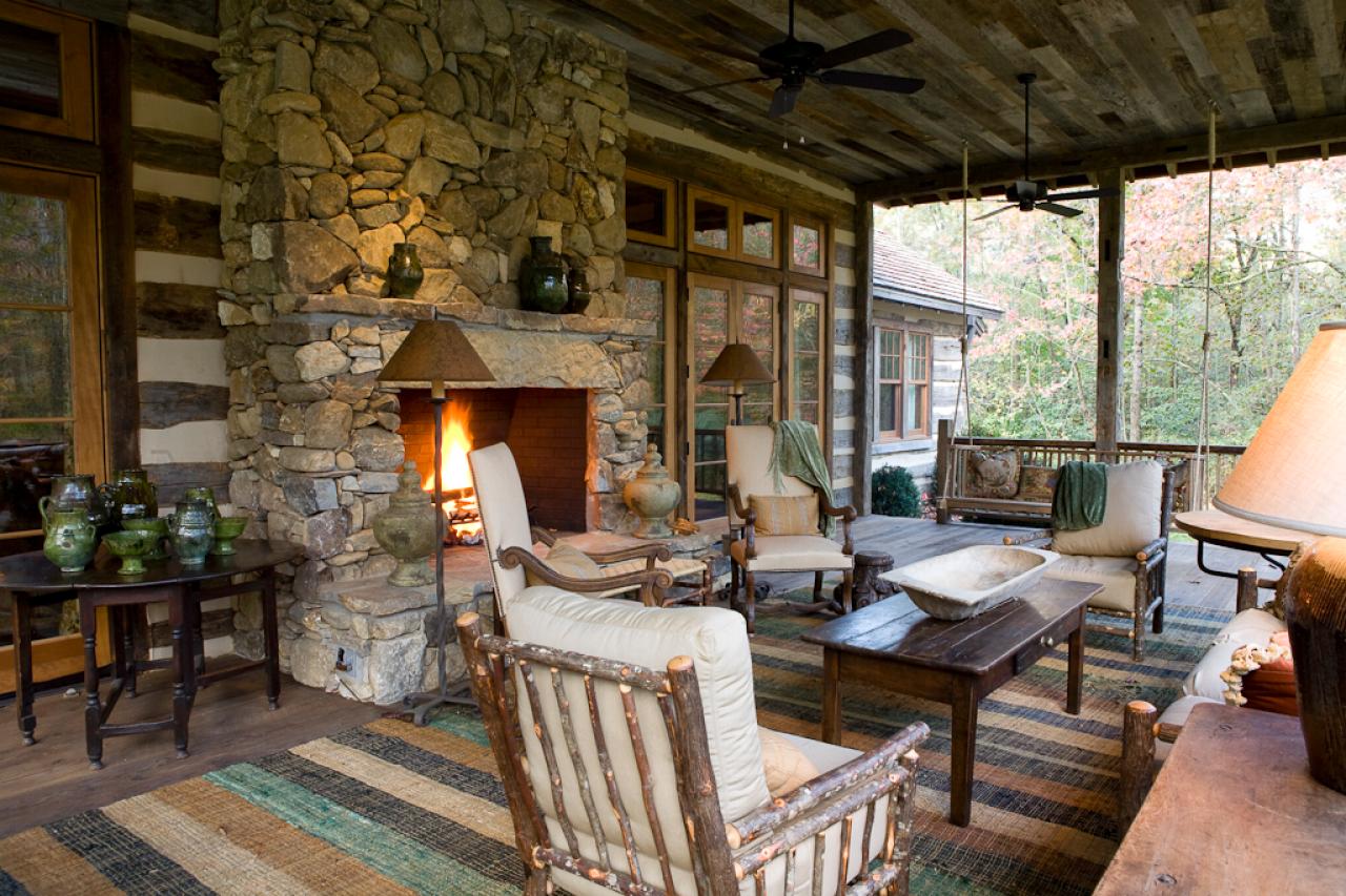 Cozy Outdoor Stone Fireplace with Rich Wood Textures