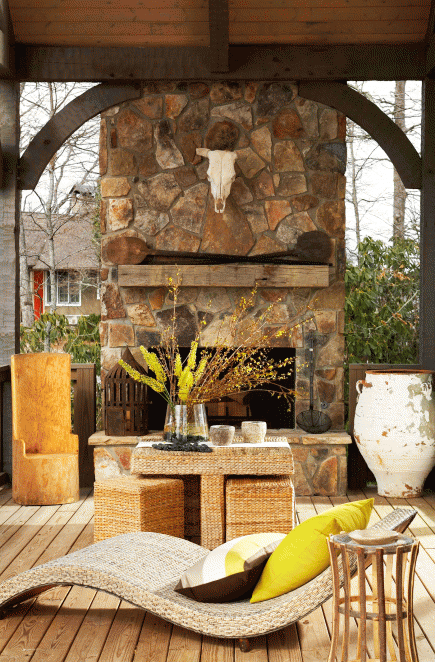 Outdoor Fireplace Design with Wood and Stone Style