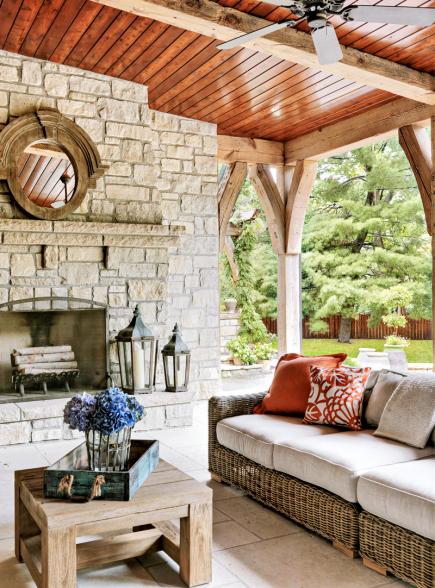Outdoor Wood Fireplace Design With the Addition of Draperies and Portable Heaters