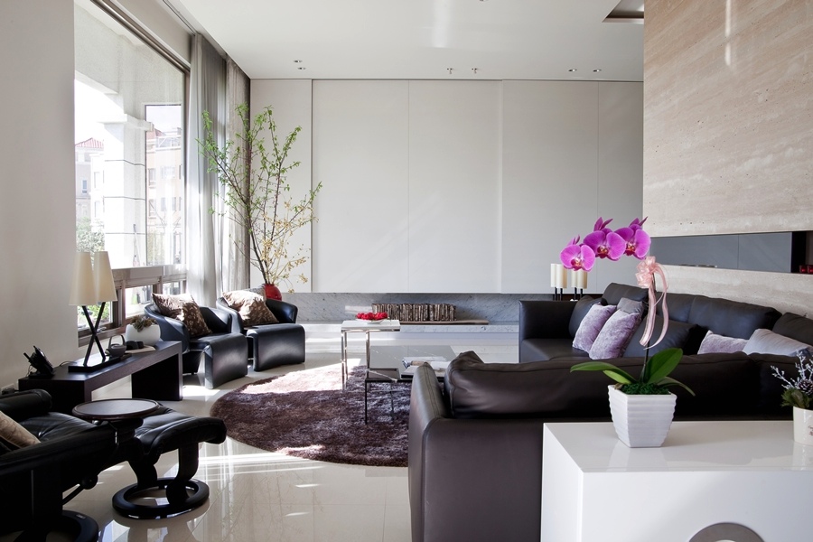 Asian inspired living room with modern rug design