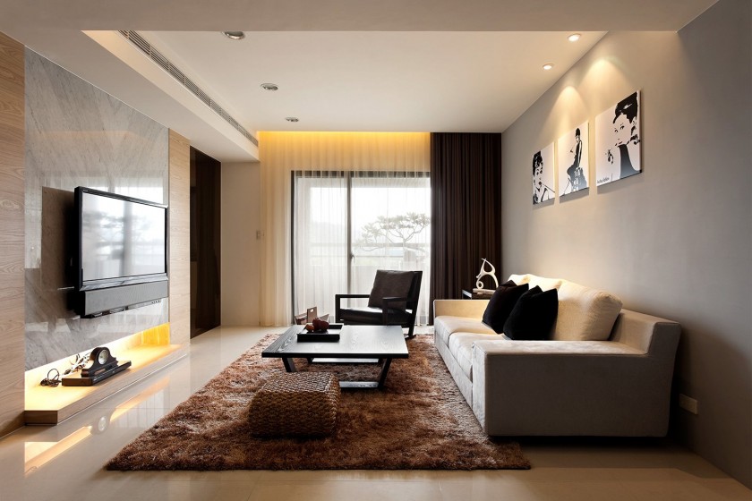 Contemporary Living Room With White Wall Decor Beige Tiled Floor and Modern Rugs Design