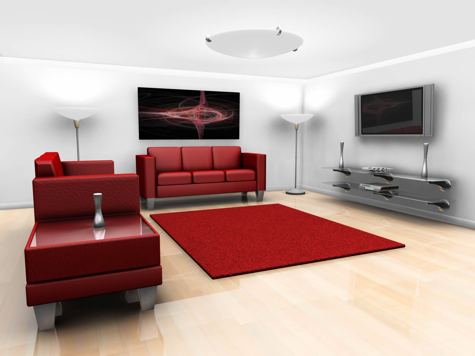 Living room design with modern red rug and sofas