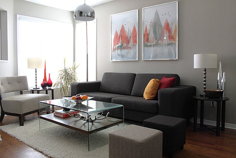 Modern and Minimalist Living Room With Chrome Pendant Light And White Square Area Rug
