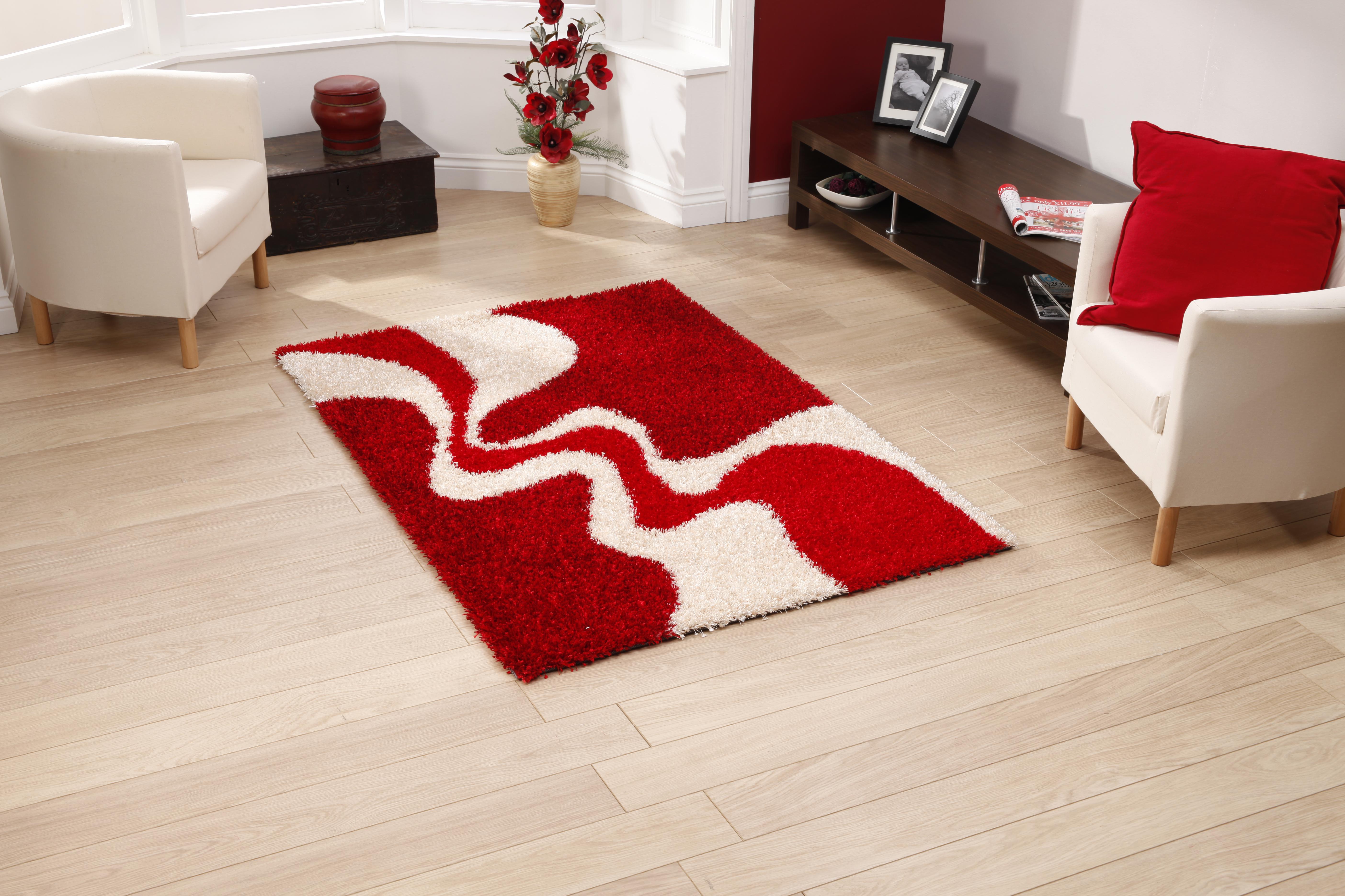 Modern red and white rug design for living room