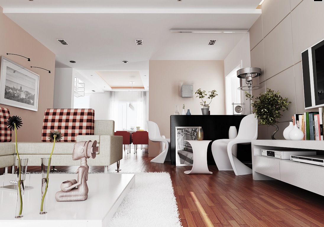 Sophisticated pink living room with modern white rug design