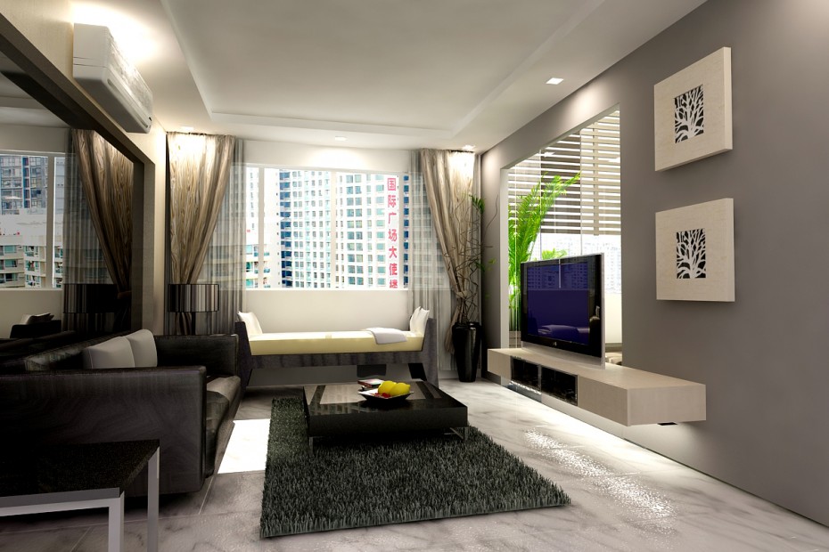 Contemporary living room with gray wall decoration and modern rug