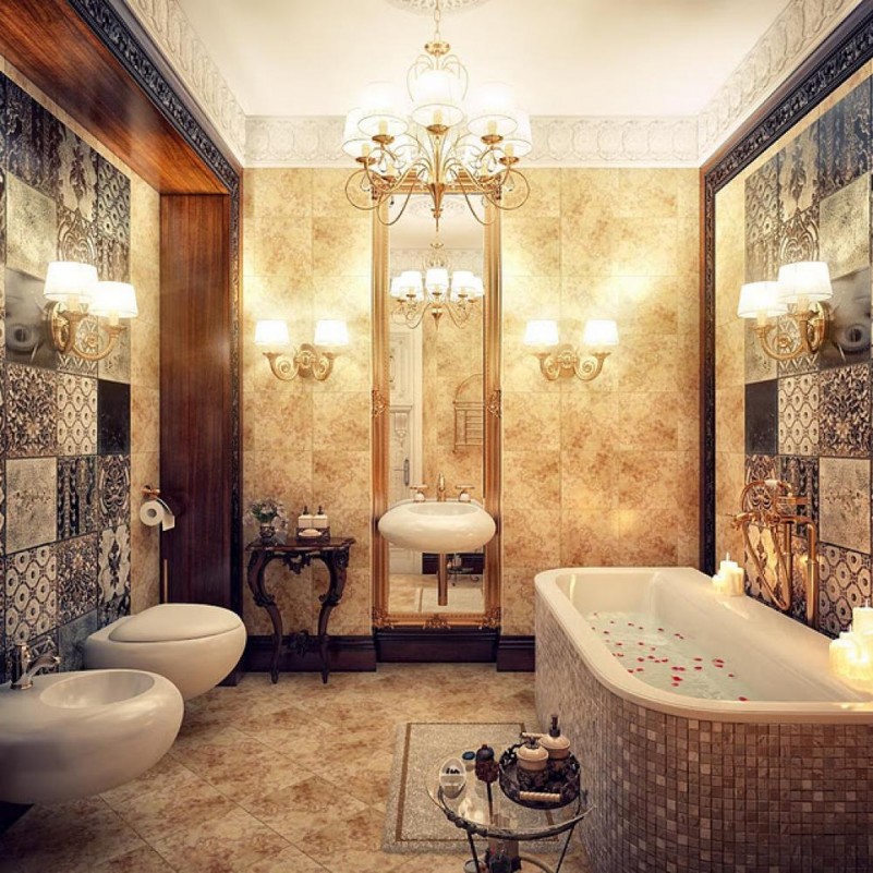Modern Luxury Bathroom Design with Chandelier and Bathtub