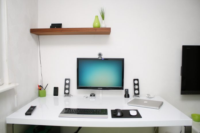 White Office Desk Sets for Perfect Stylish Office Room Modern Furniture and Small Wooden Wall Shelving Decorations Inspiration