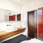 Wood with Concrete Tile Flooring and Red Mosaic Wall Decorations