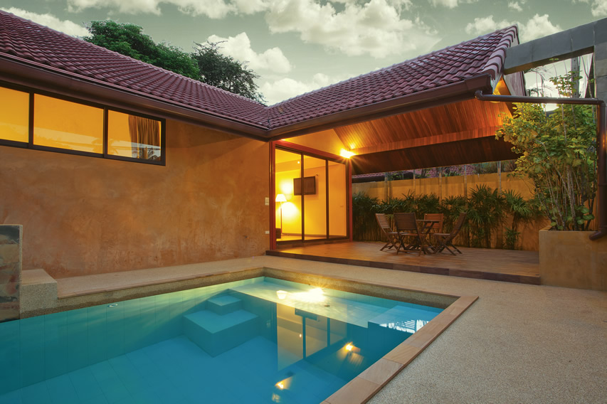 Awesome Pool Patio with Wood Furniture