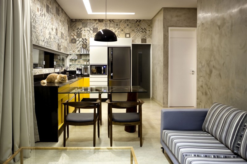 Opern Room with the Black Lamp and Yellow Kitchen Drawers near it