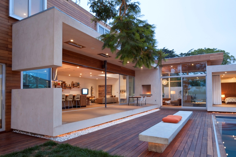 Living with Wooden Deck and Long Bench near Blue Pool