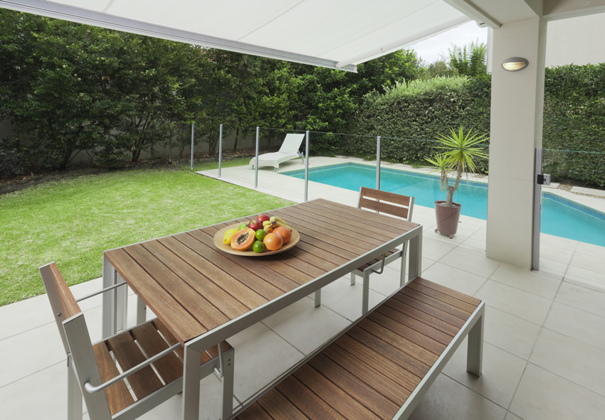 Pool Area Patio with Modern Dining Table