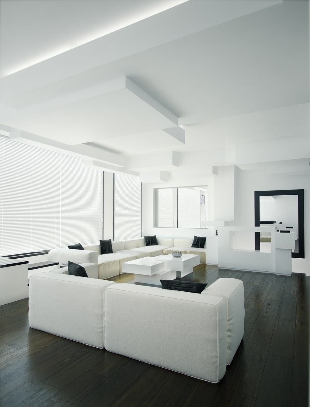 Contemporary white and black living room with Rustic dark wood plank floors