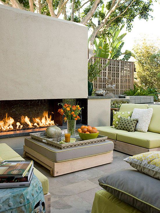 Contemporary patio with modern furniture and fireplace Contemporary patio with modern furniture and fireplace