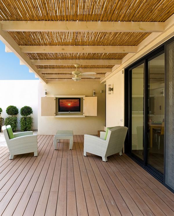 Contemporary patio with wooden deck Contemporary patio with wooden deck