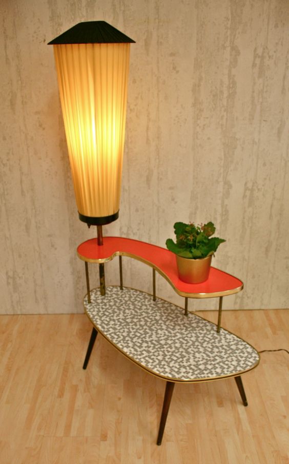 Amazing mid century modern plant table with orange built in lamp