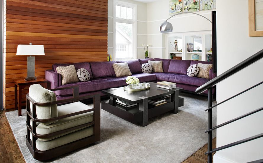 L Shaped Purple Sofa and Wood Accent Wall For A Beautiful Living Room L Shaped Purple Sofa and Wood Accent Wall For A Beautiful Living Room