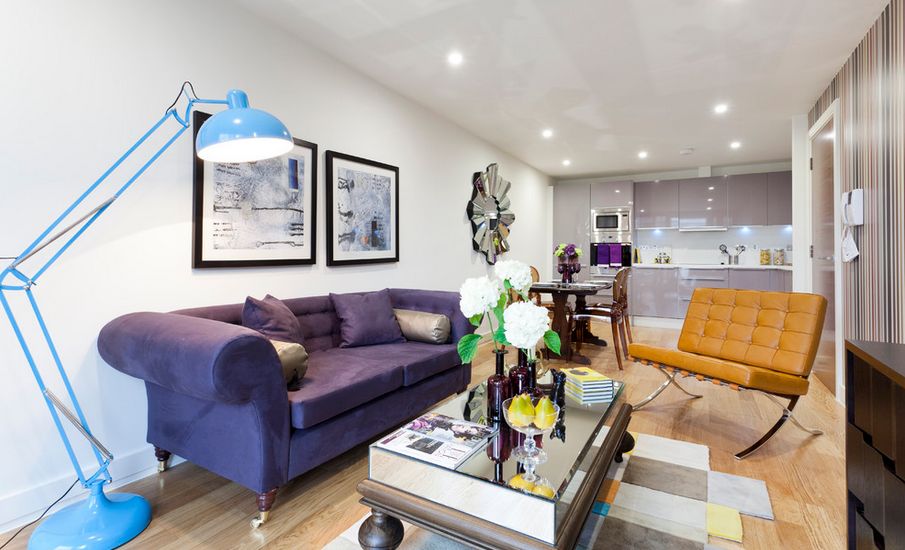Narrow One Space Room With Velvet Purple Sofa Narrow One Space Room With Velvet Purple Sofa