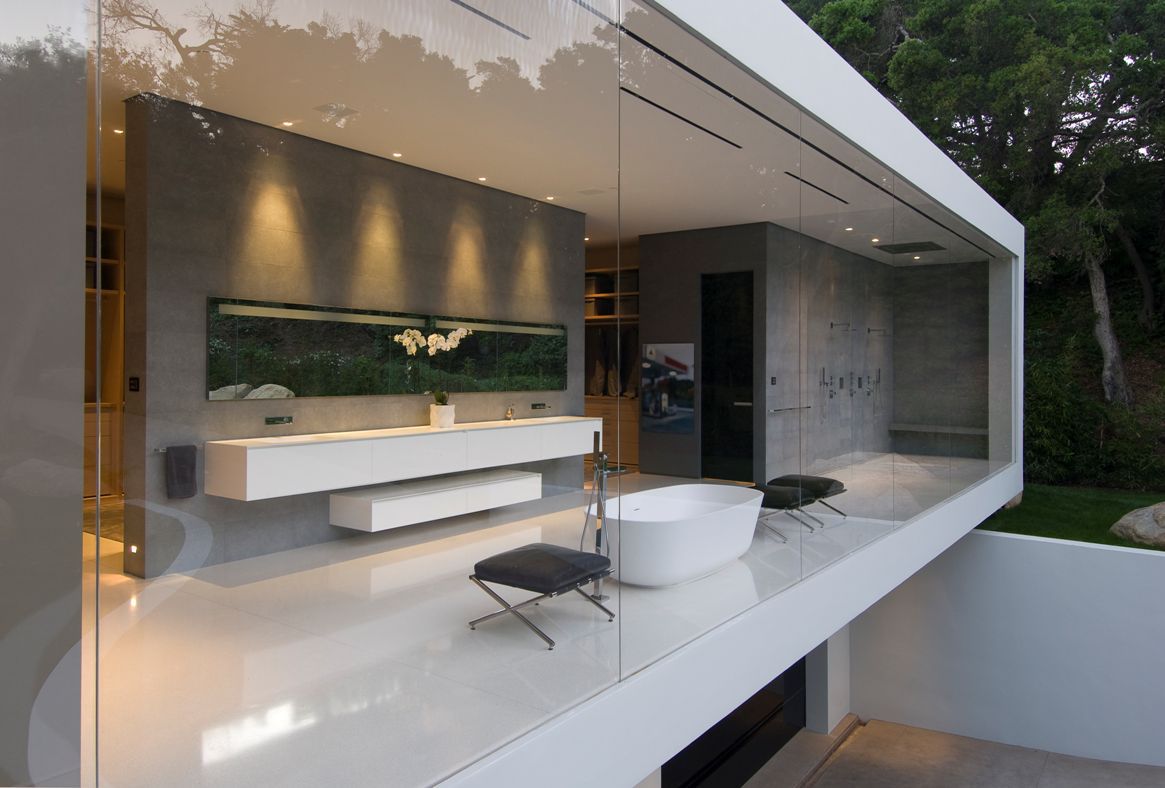 Open Bathroom Interior from Steve Hermann House Among Long Floating Vanity Also Tub Placed Between Black Benches