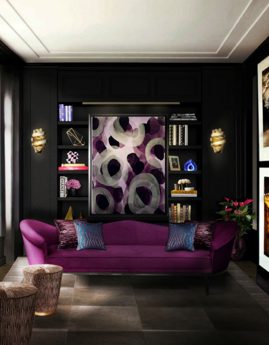 Purple Sofas Design Among Vintage Retro Decoration Style as Contemporary Dark Living Room Interior Ideas Purple Sofas Design Among Vintage Retro Decoration Style as Contemporary Dark Living Room Interior Ideas