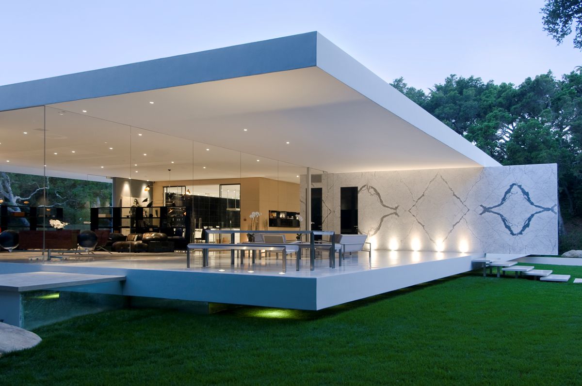 Recessed Lighting Setting Inside Glass Pavilion by Steve Hermann Among Some Ground Floor Setting Installed Closely To Wall