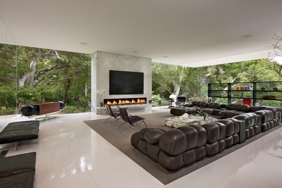Living Room Designed Among Modern Fireplace Constructed On The Bottom from TV Unit As Warmer