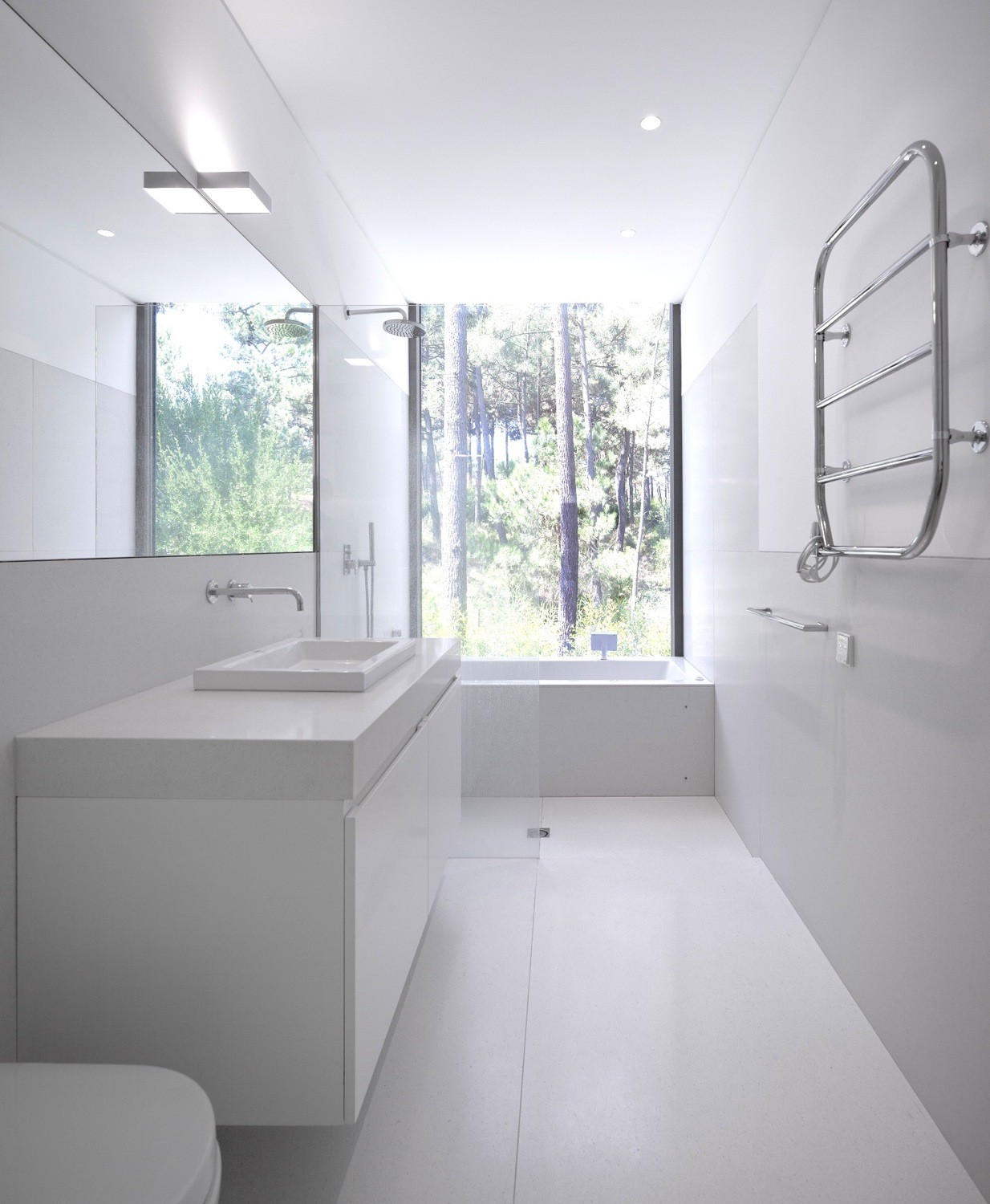 Bedroom Design under Aroeira III House Among Floating Vanity Also Frameless Wall Mirror With Modern Lamp To Lit Up Bedroom Design under Aroeira III House Among Floating Vanity Also Frameless Wall Mirror With Modern Lamp To Lit Up