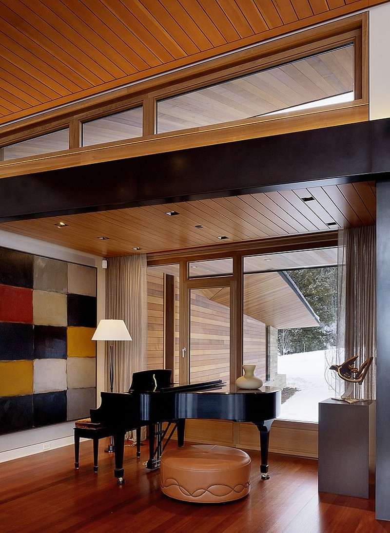 Elegant Classic Piano At Corner from Living Room Among Leather Ottoman under Carney Logan Burke Modern Residence
