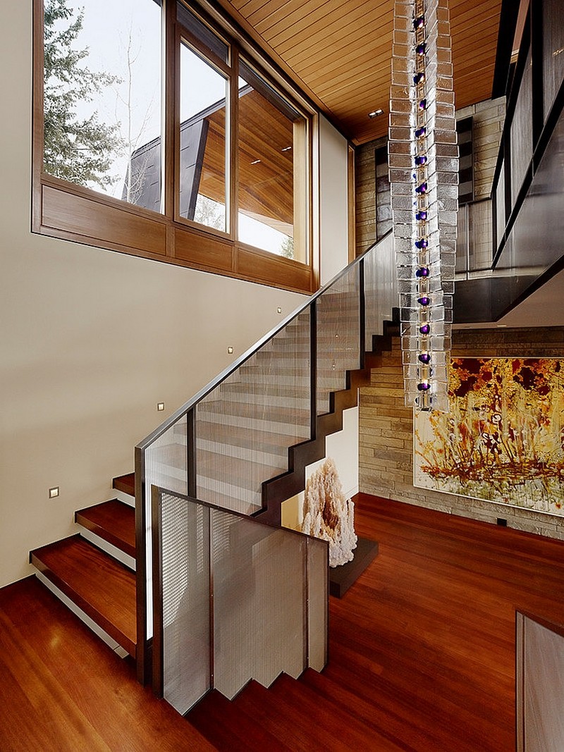 Hallway Decor Among Wooden Staircase Also Metal Balustrade And Unique Worm Pendant Aslo Abstract Painting At Carney Logan House