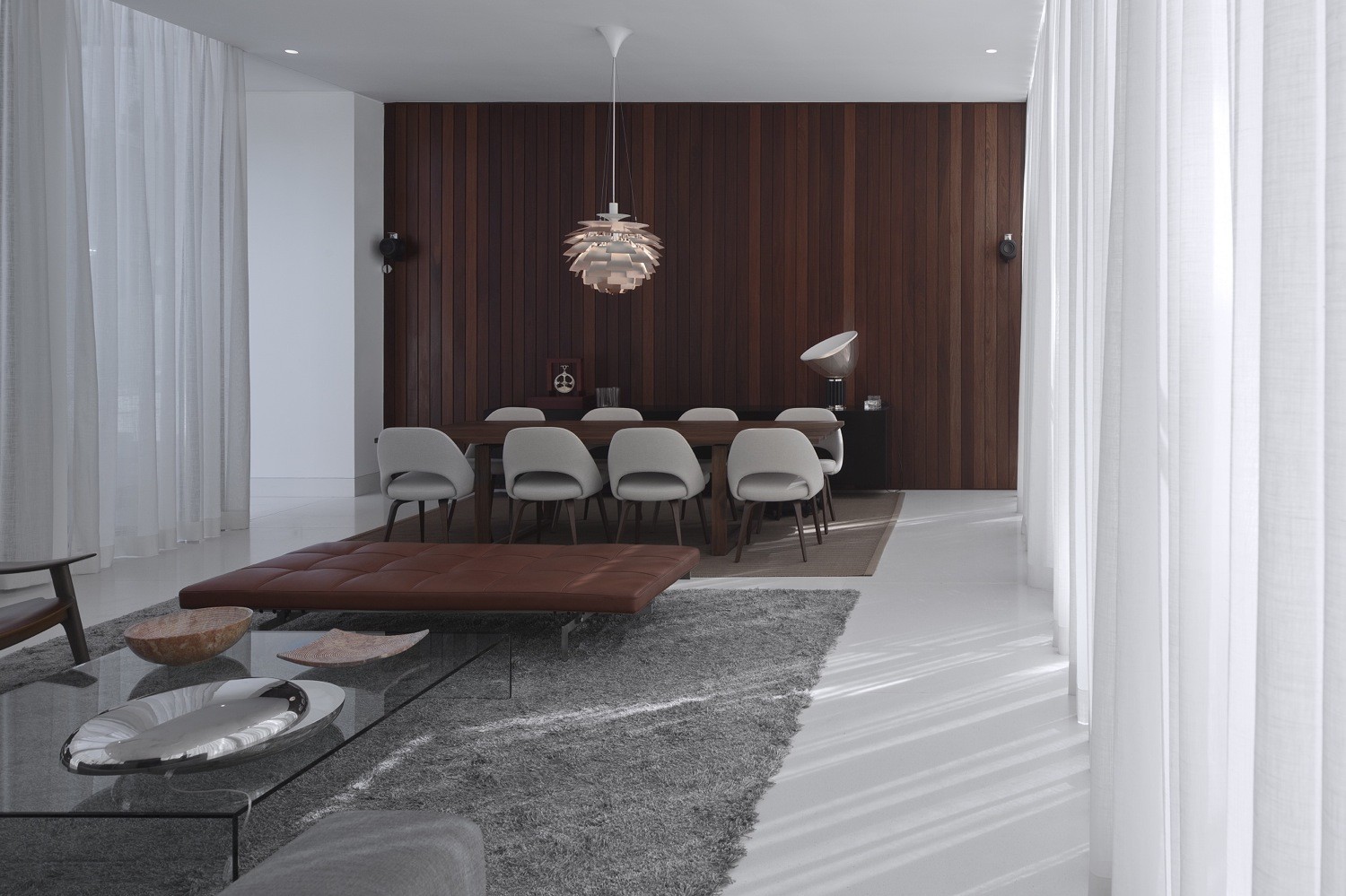 White Living Also Dining Room Among Wood Panel Inside Aroeira III House Decor With Grey Carpet And White Curtain White Living Also Dining Room Among Wood Panel Inside Aroeira III House Decor With Grey Carpet And White Curtain