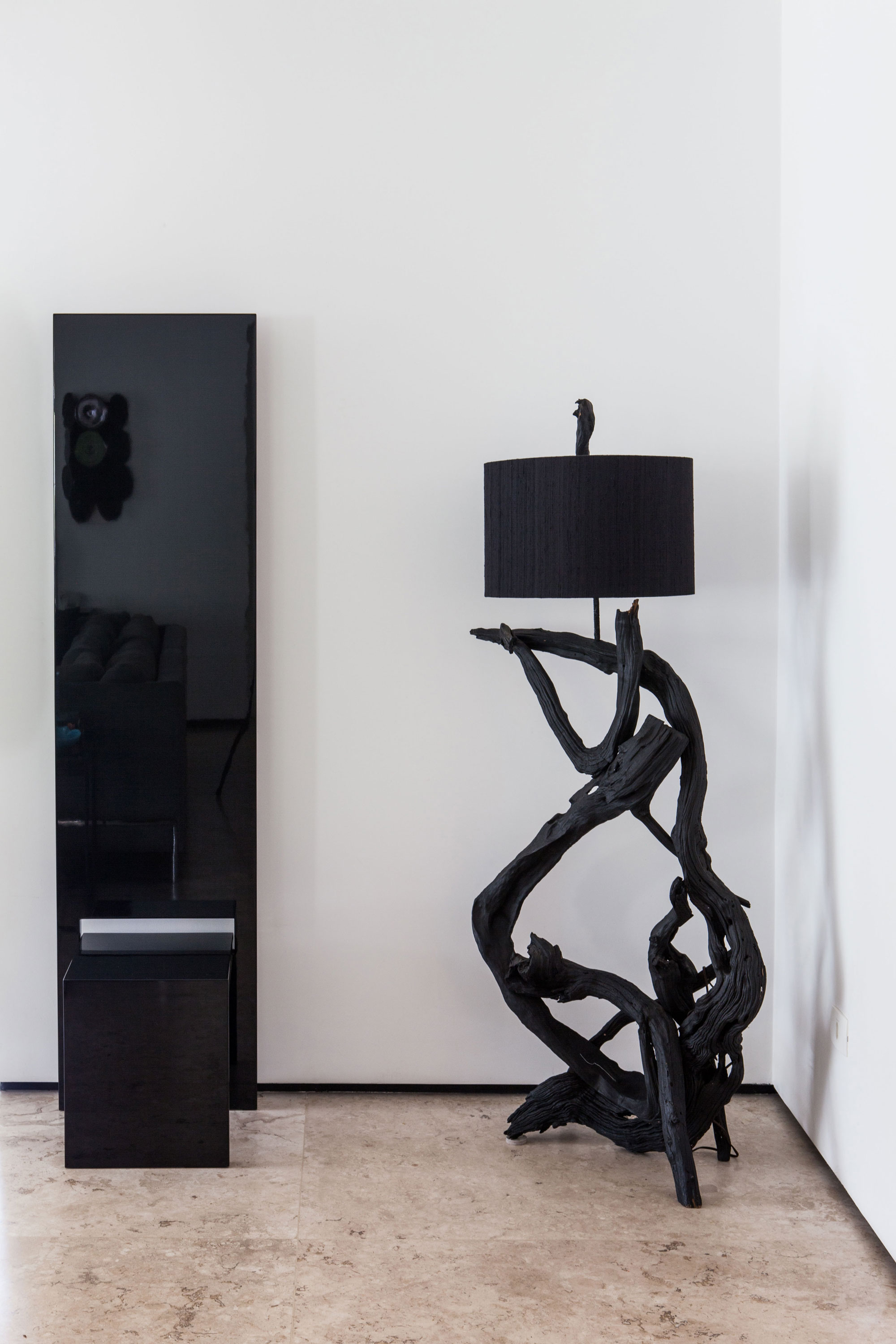 Ceramic Floor, White Wall Painting Also Accent Black Floor Lamp And Sitting