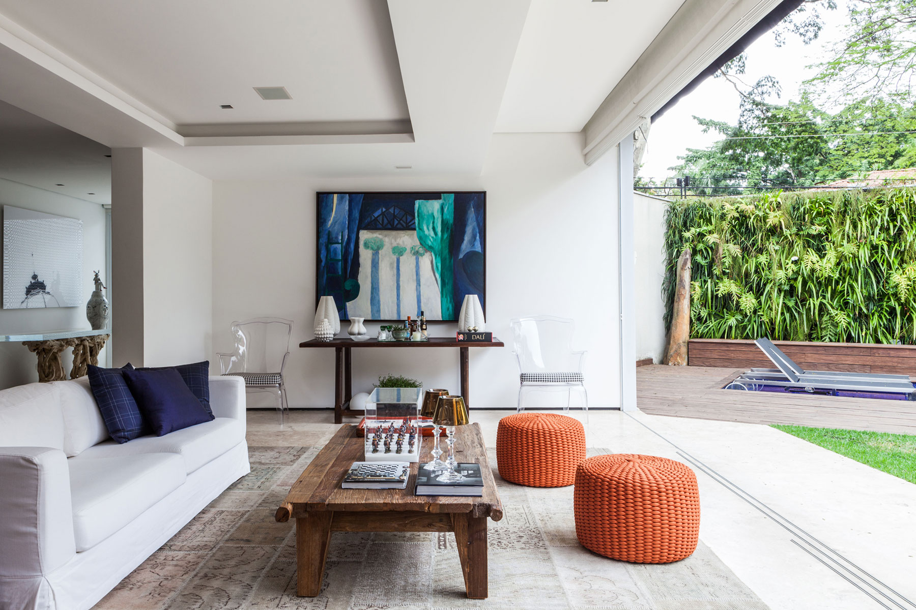 Fabric Sofa, Rustic Wooden Coffee Table Also Accent Orange Round Ottomans