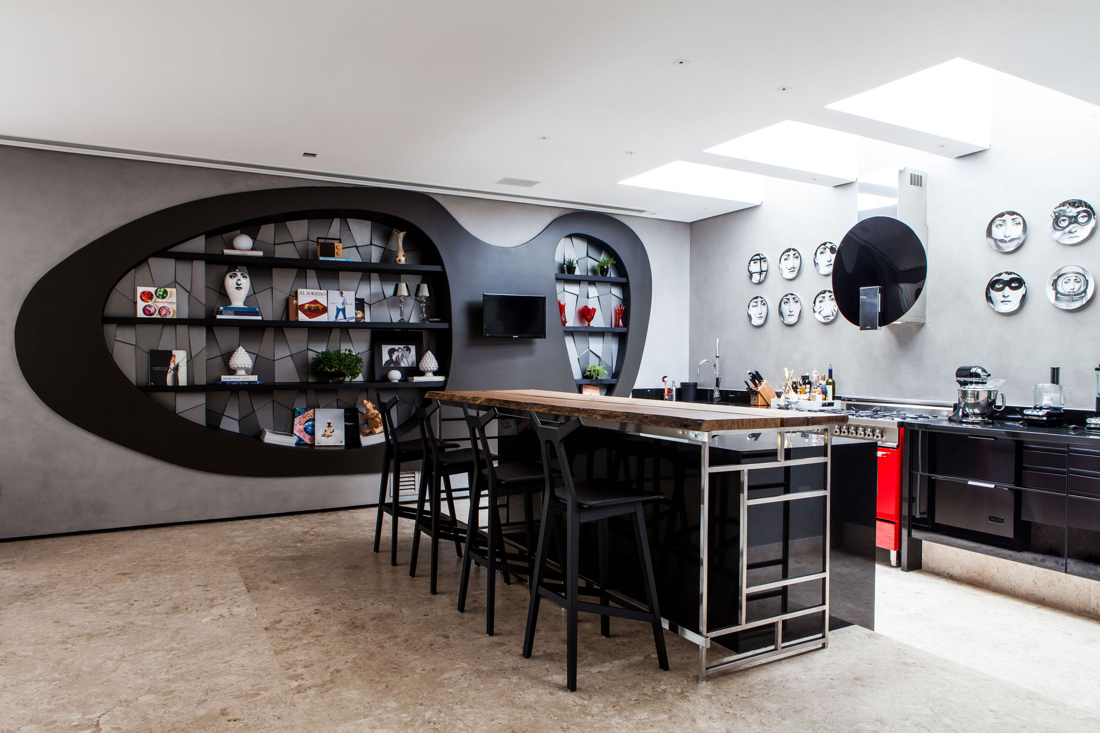 Island Among Wooden Countertop Extension Completed With Black Stools