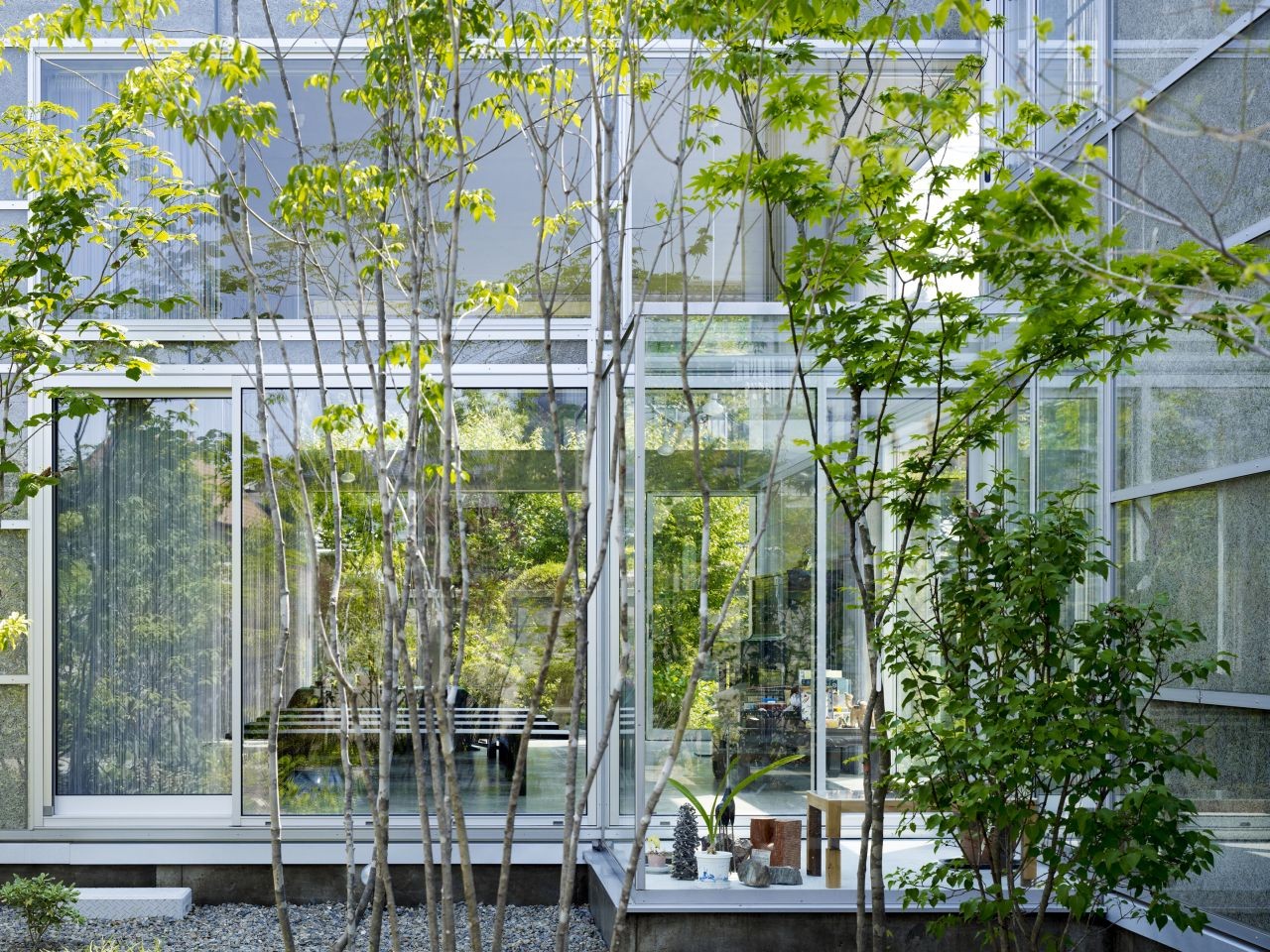 Modern Transparency Installed Over Garden House Exterior Wall Covered Aside Floor Length Curtain To Add Privacy Modern Transparency Installed Over Garden House Exterior Wall Covered Aside Floor Length Curtain To Add Privacy