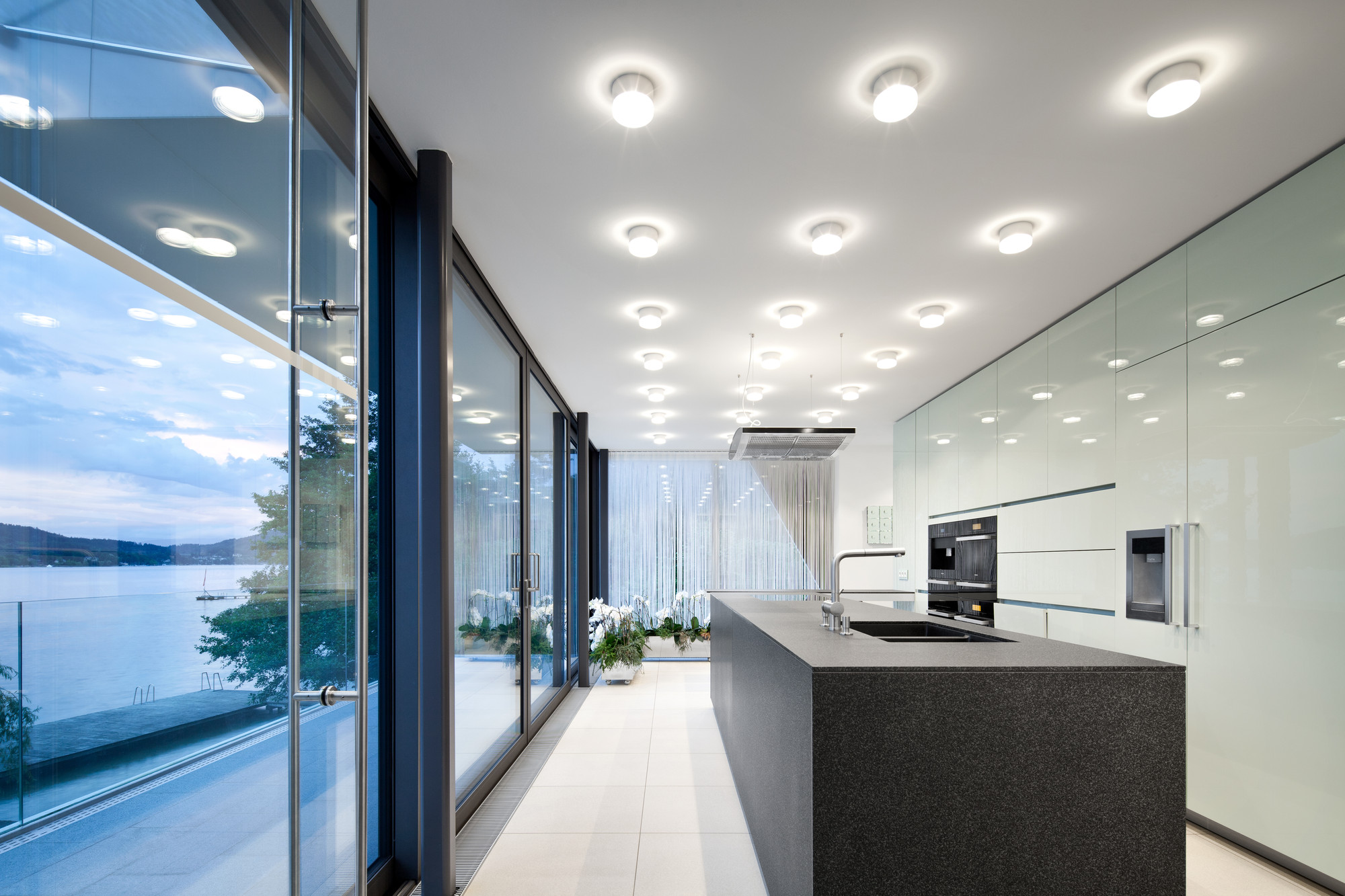Ceiling Lamps Illuminate Glossy Kitchen Cabinet Along With Grenite Island Ceiling Lamps Illuminate Glossy Kitchen Cabinet Along With Grenite Island