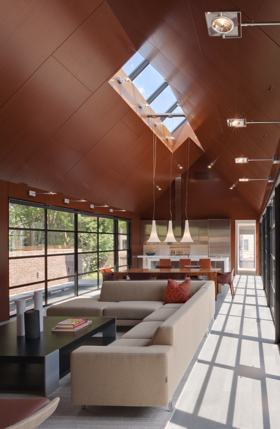 Cream Colored Sectional Sofa Along With Bright Center Skylight On Light Brown Wooden Ceiling Cream Colored Sectional Sofa Along With Bright Center Skylight On Light Brown Wooden Ceiling