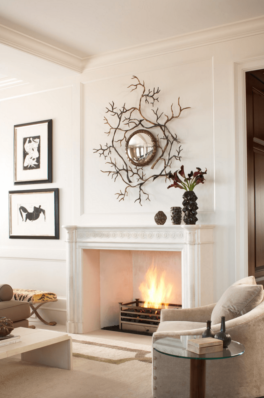 Fireplace mantel with decorative branch piece