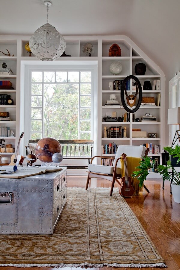 Living area decorated with windows square shape design and brown floor