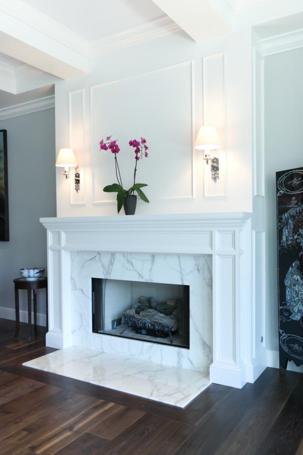 Marble Fireplace in Transitional Living Room