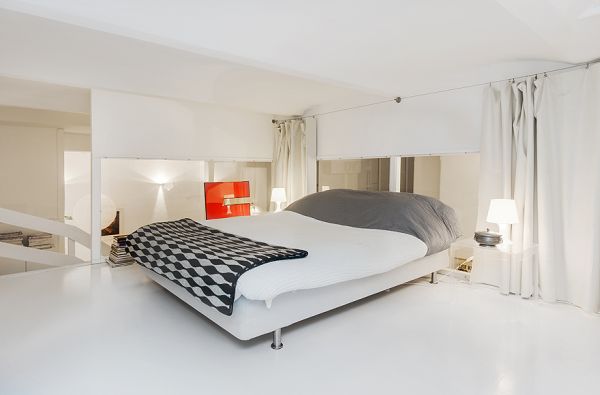 Modern Bedroom Near Grey Pillow Added With Desk Lamp On Small Table On Glossy Marble Tiles Flooring