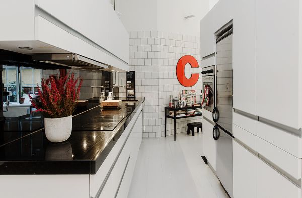 Modern Kitchen Near Potted Plant Along With Sink Also Water Faucet On Glossy Countertop Of Dresser