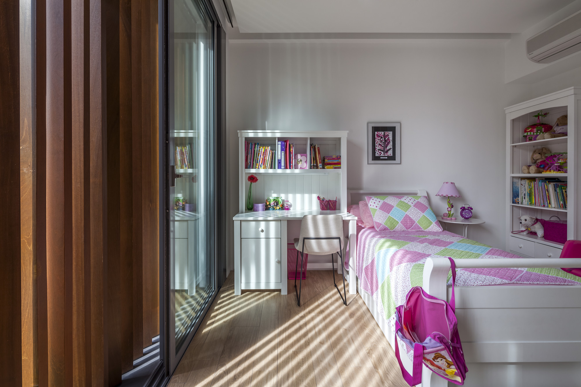 Sunny Side House by Wallflower Architecture + Design - Kids Bedroom with Soft Brown Colored Wooden Door Along With Clear Wooden Study Desk Sunny Side House by Wallflower Architecture + Design - Kids Bedroom with Soft Brown Colored Wooden Door Along With Clear Wooden Study Desk
