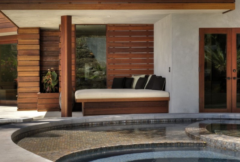 Appealing Patio Design Nearby Pool At West Hollywood Residence Near Outdoor Bed Along With Black Cushions Appealing Patio Design Nearby Pool At West Hollywood Residence Near Outdoor Bed Along With Black Cushions