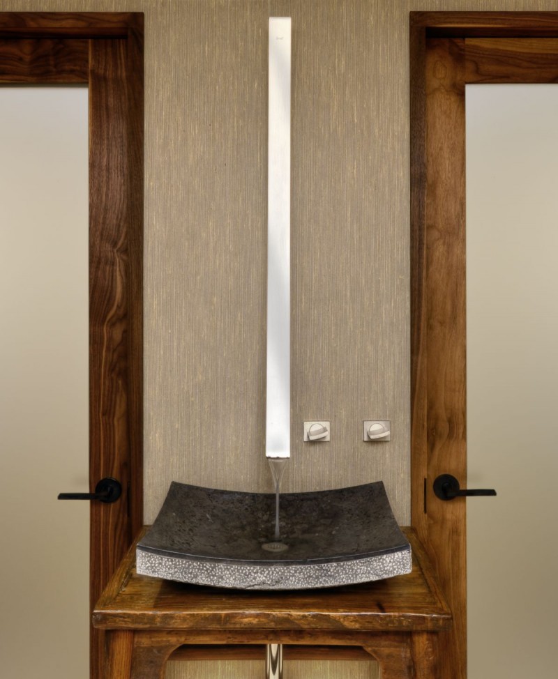 Artistic Wooden Vanity Along With Granite Sink Design Artistic Wooden Vanity Along With Granite Sink Design At West Hollywood Residence Bathroom Applied Wall Faucet Ideas