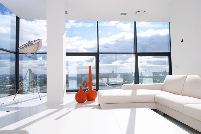 Neat Apartment Interior for Penthouse in Transparent Design Cozy Living Room At Falcons Nest Penthouse Lightened Bright Aside Natural Sunlight From Outside Due To Large Glass Window