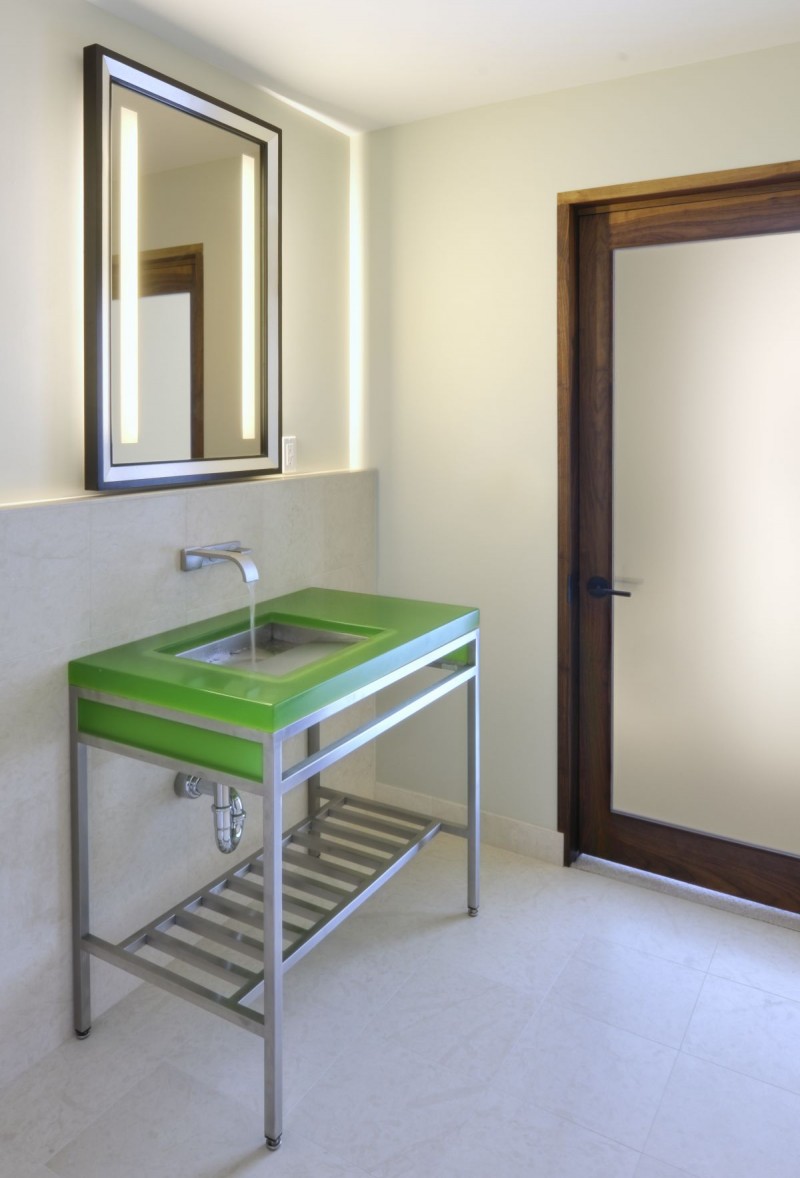 Enchanting Green Metalframe Vanity Along With Sink and Backlit Mirror Enchanting Green Metalframe Vanity Along With Sink and Backlit Mirror