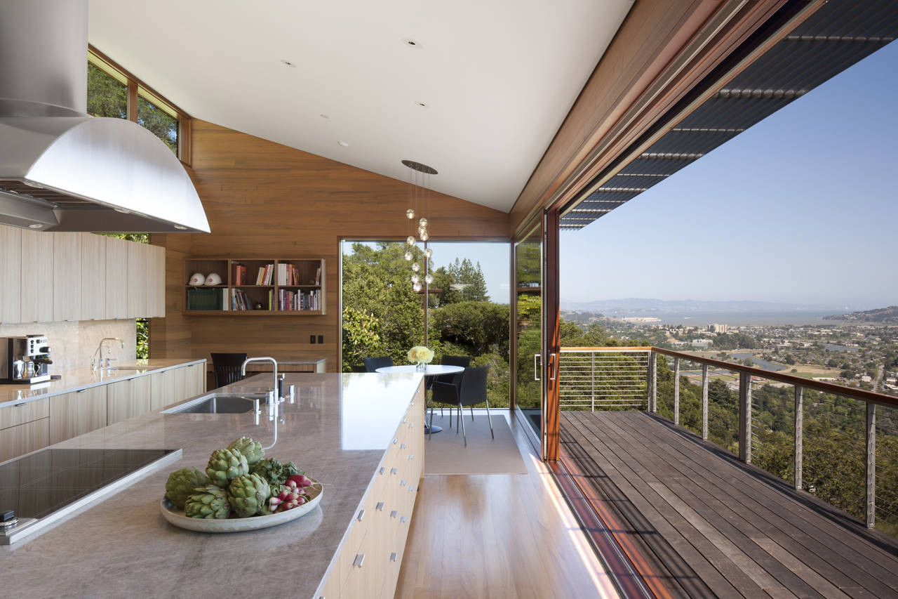Gorgeous Open Kitchen Design At Kentfield House Overlooking Great View Outside Along With Connected To Balcony Near Wooden Floor Gorgeous Open Kitchen Design At Kentfield House Overlooking Great View Outside Along With Connected To Balcony Near Wooden Floor