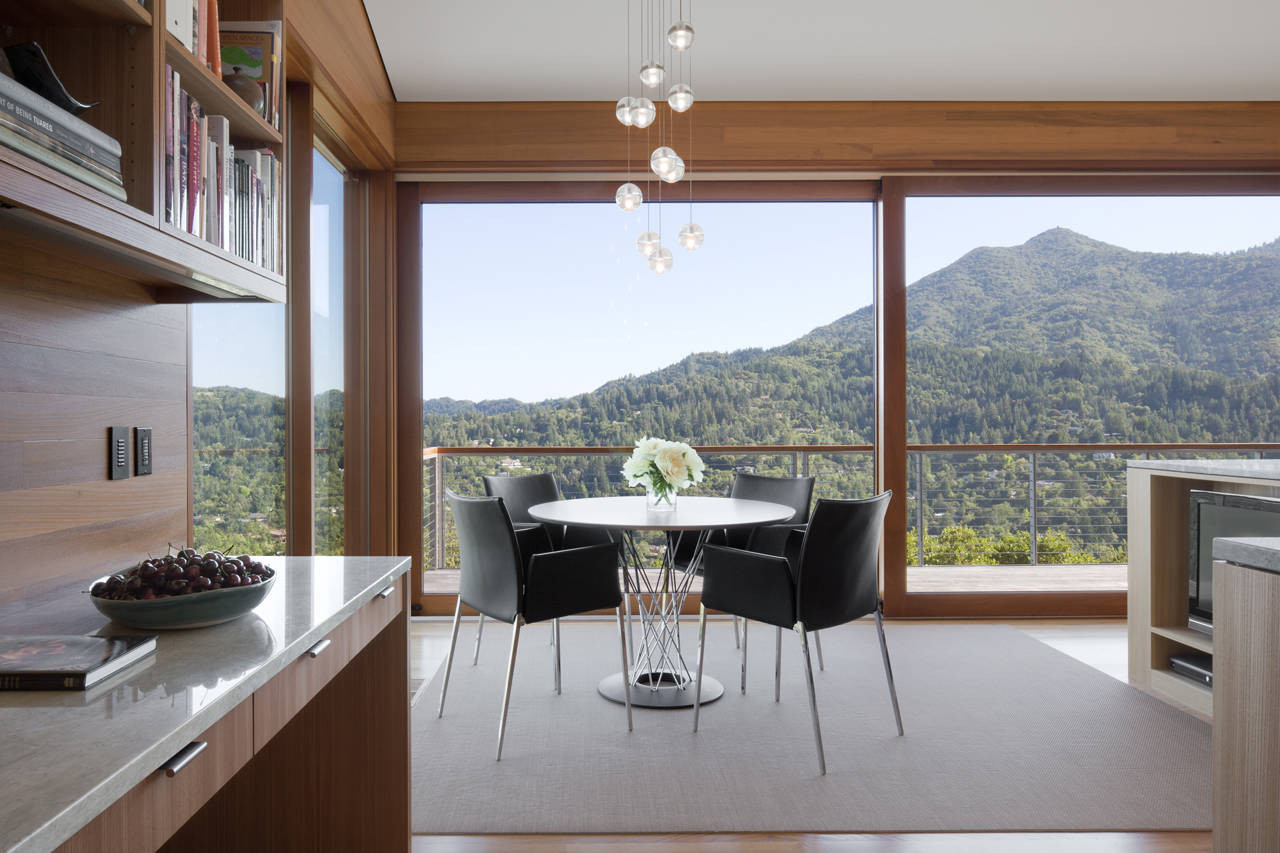 Sleek Contemporary Kitchen Near Breakfast Nook With Circular Table Along With Bulbs Pendant At Kentfield House Applied Large Glass Window Sleek Contemporary Kitchen Near Breakfast Nook With Circular Table Along With Bulbs Pendant At Kentfield House Applied Large Glass Window