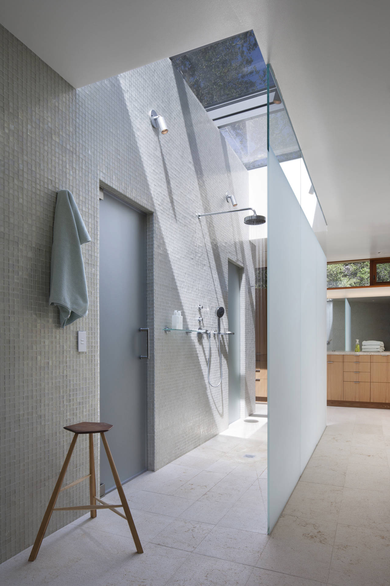 Stunning Bathroom Design At Kentfield House Near Frosted Glass Shower Screen With Grey Door Along With Glass Tile Backdrop Design Stunning Bathroom Design At Kentfield House Near Frosted Glass Shower Screen With Grey Door Along With Glass Tile Backdrop Design